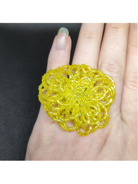 Silver Tone Yellow Beaded Floral Flower Adjustable Statement Ring